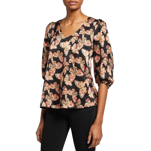 JOHNNY WAS Silk Akil Butterfly Print Top Womens XS Black V Neck 3/4 Puff Sleeve - Picture 1 of 13